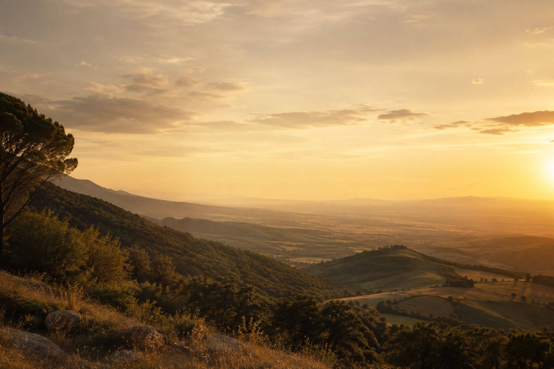 Colline italiane al tramonto con luce dorata